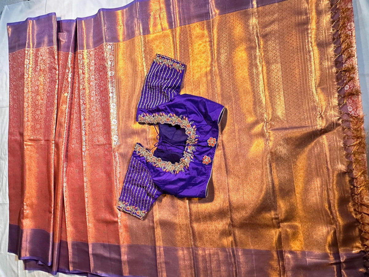 Kanjivaram Tissue Silk Saree with Stitched Maggam Work Blouse | Indian Wedding Saree | Ships From USA