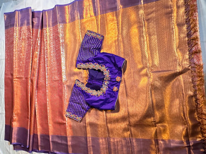 Kanjivaram Tissue Silk Saree with Stitched Maggam Work Blouse | Indian Wedding Saree | Ships From USA