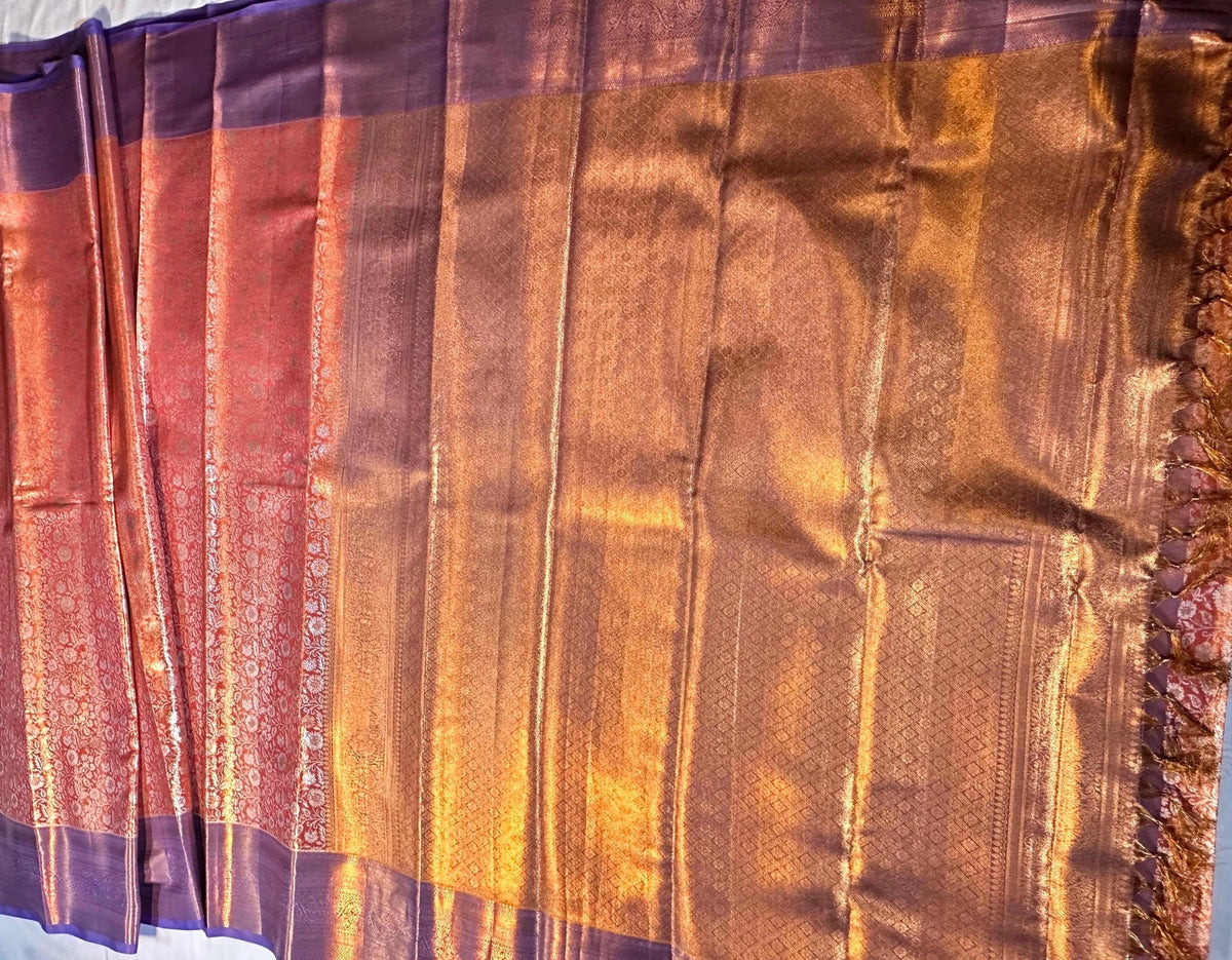 Kanjivaram Tissue Silk Saree with Stitched Maggam Work Blouse | Indian Wedding Saree | Ships From USA