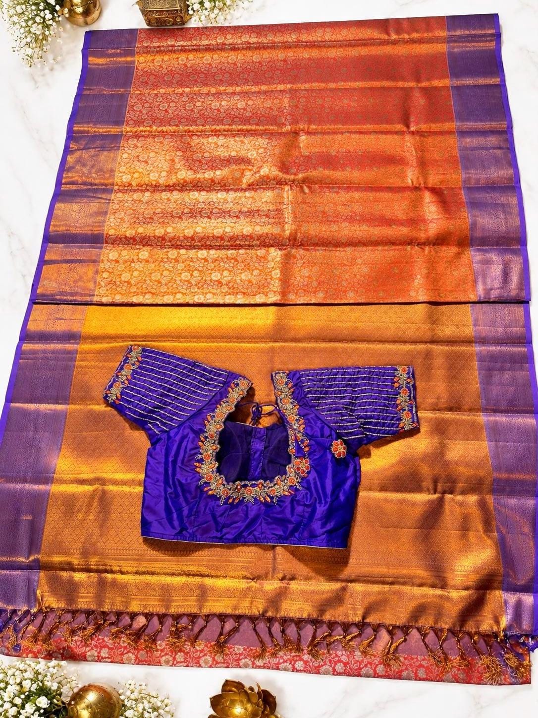 Kanjivaram Tissue Silk Saree with Stitched Maggam Work Blouse | Indian Wedding Saree | Ships From USA