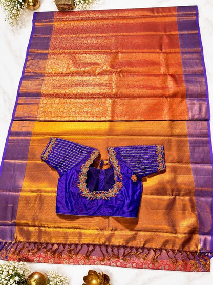 Kanjivaram Tissue Silk Saree with Stitched Maggam Work Blouse | Indian Wedding Saree | Ships From USA