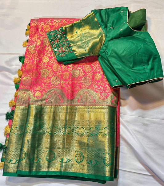 Kanjivaram Premium Kanchi Pattu Brocade  Silk Saree with Stitched Maggam Work Blouse, Wedding Party Wear