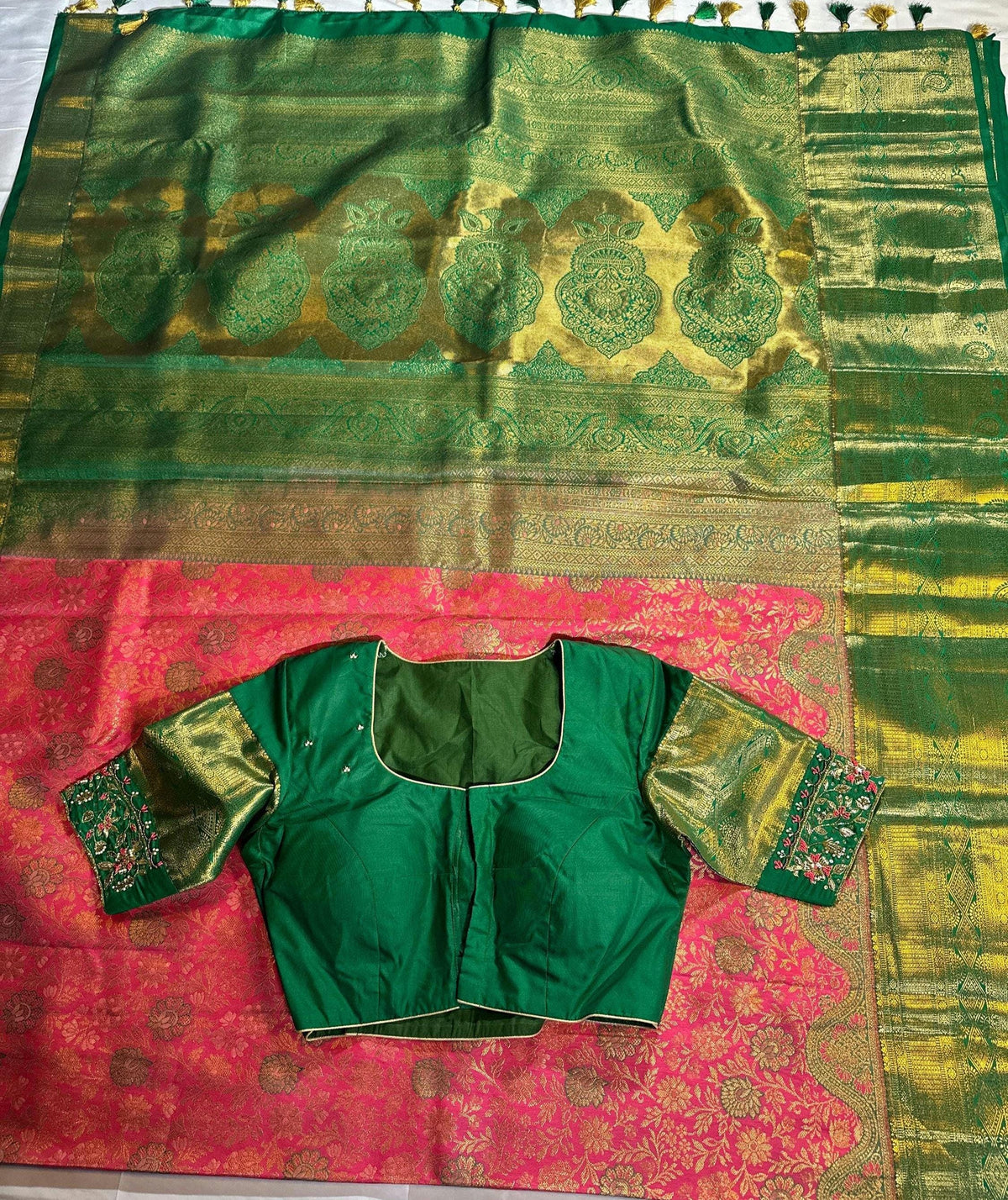 Kanjivaram Premium Kanchi Pattu Brocade  Silk Saree with Stitched Maggam Work Blouse, Wedding Party Wear