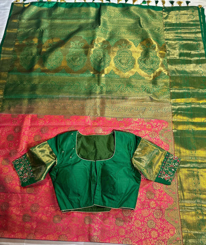 Kanjivaram Premium Kanchi Pattu Brocade  Silk Saree with Stitched Maggam Work Blouse, Wedding Party Wear