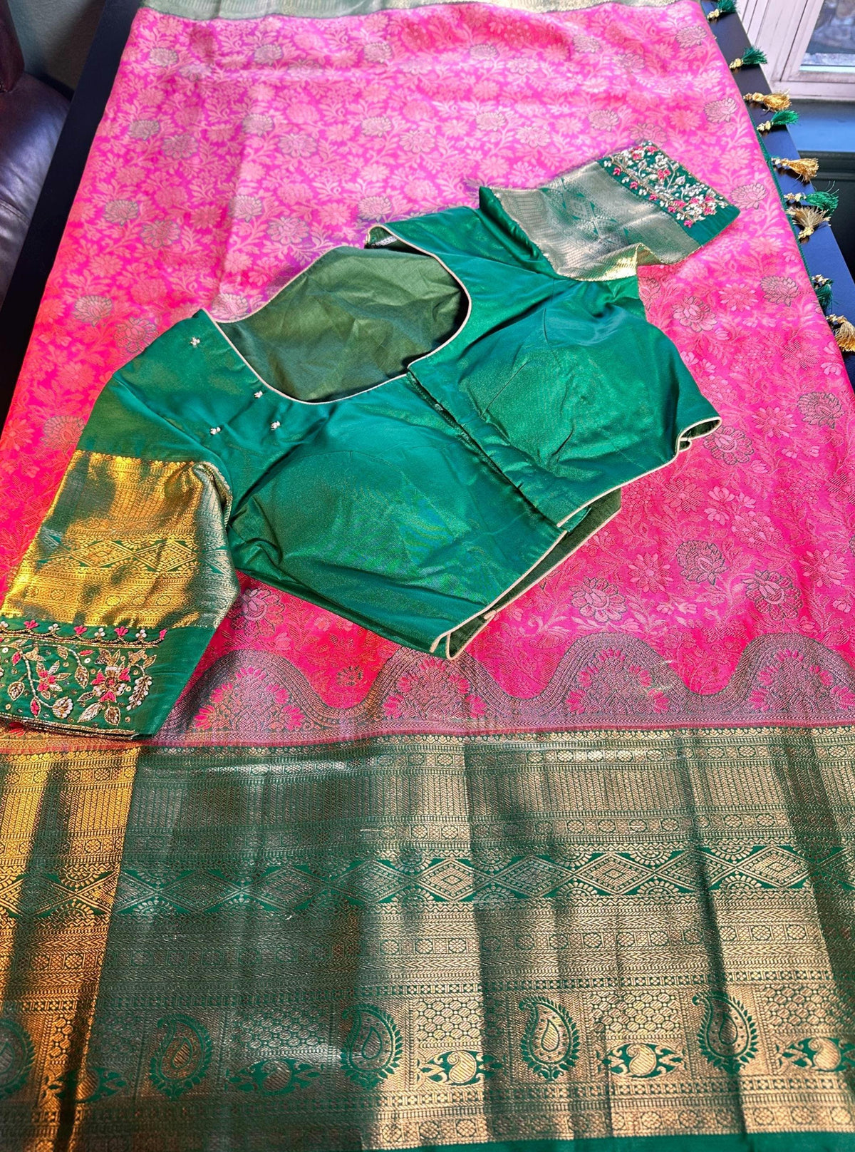 Kanjivaram Premium Kanchi Pattu Brocade  Silk Saree with Stitched Maggam Work Blouse, Wedding Party Wear