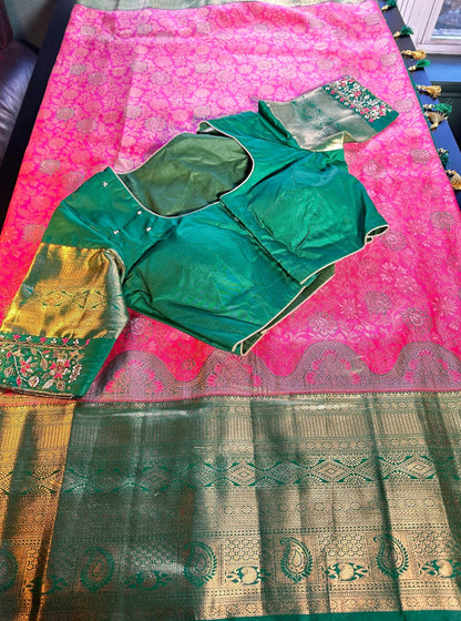 Kanjivaram Premium Kanchi Pattu Brocade  Silk Saree with Stitched Maggam Work Blouse, Wedding Party Wear