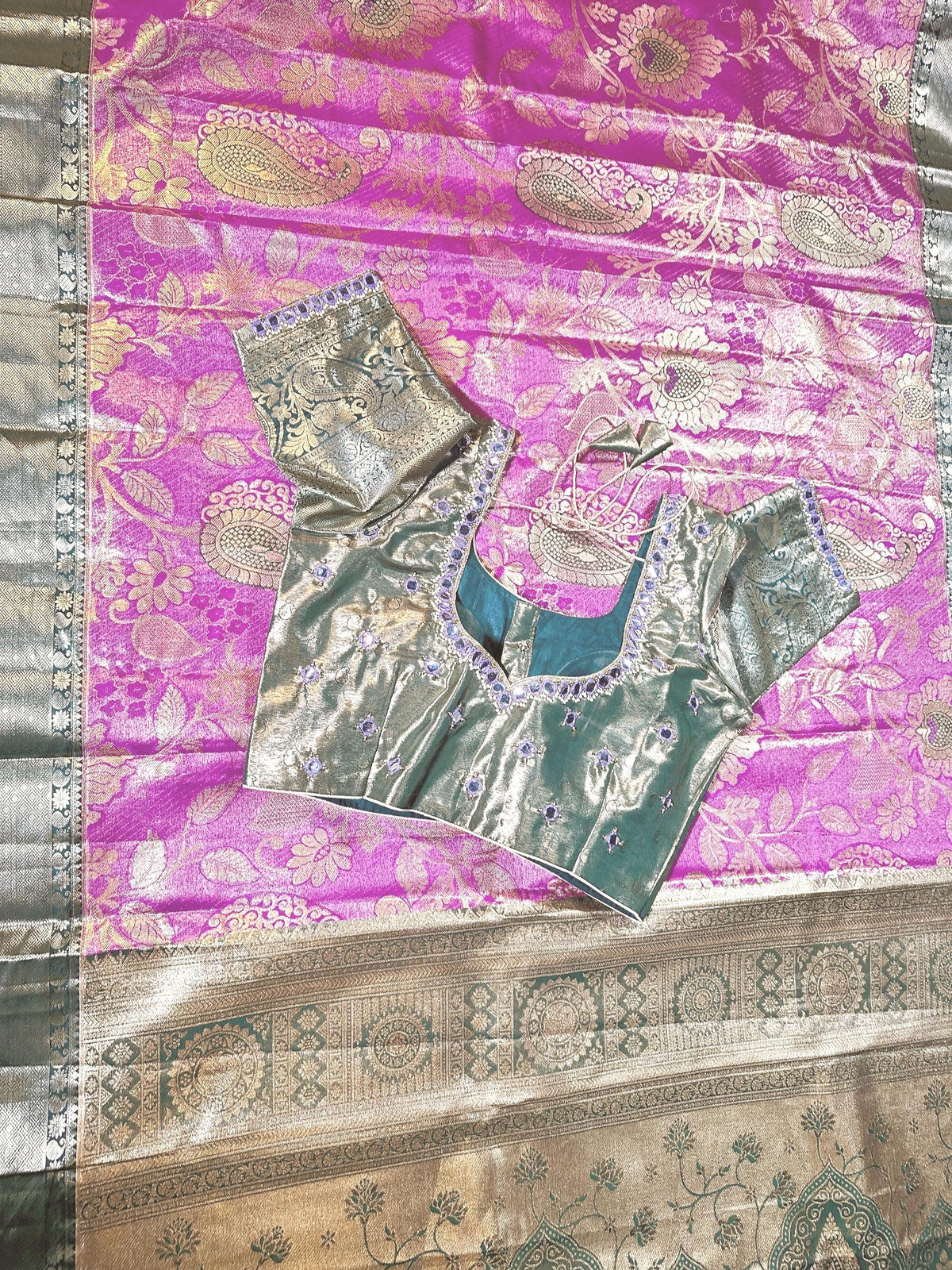 Kanchi Pattu Premium Silk Saree with Stitched Maggam Work. Ready to wear. Shipping from USA