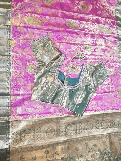 Kanchi Pattu Premium Silk Saree with Stitched Maggam Work. Ready to wear. Shipping from USA