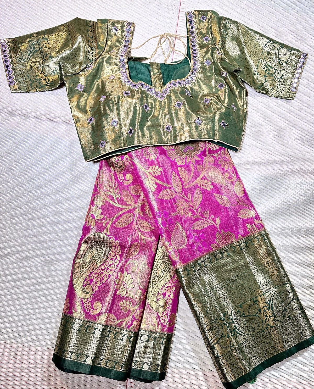 Kanchi Pattu Premium Silk Saree with Stitched Maggam Work. Ready to wear. Shipping from USA