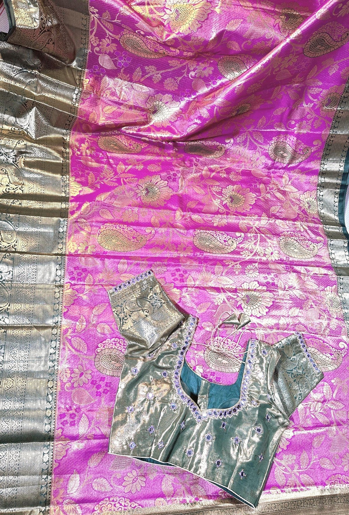 Kanchi Pattu Premium Silk Saree with Stitched Maggam Work. Ready to wear. Shipping from USA