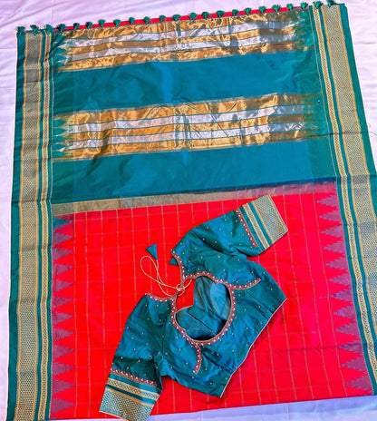 Semi Narayanpet Silk Saree with Stitched Maggam  Blouse, Traditional Indian Saree, Wedding Party Wear, Ready to Wear Blouse, Ships from USA