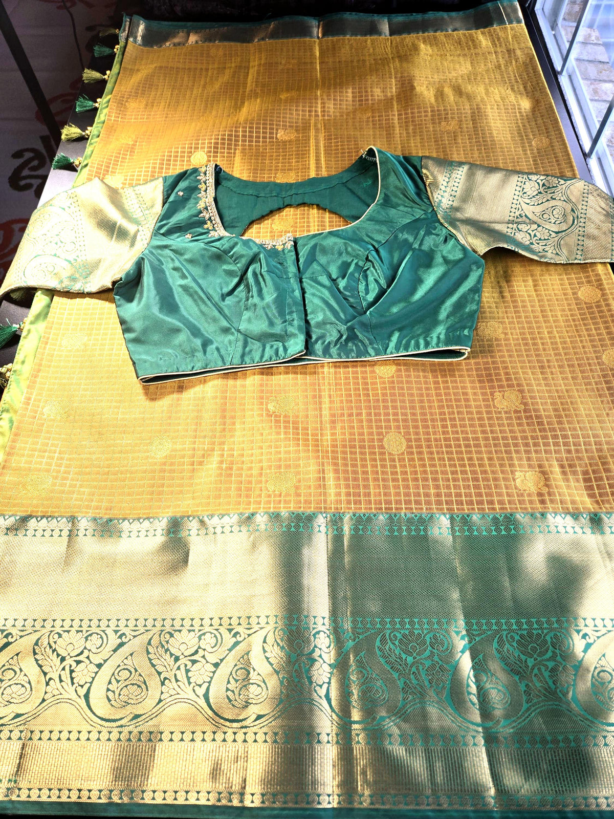 Semi Kanjivaram Silk Saree with Stitched Maggam Work Blouse | Indian Wedding Saree | Ready to Wear Blouse | Ships from USA