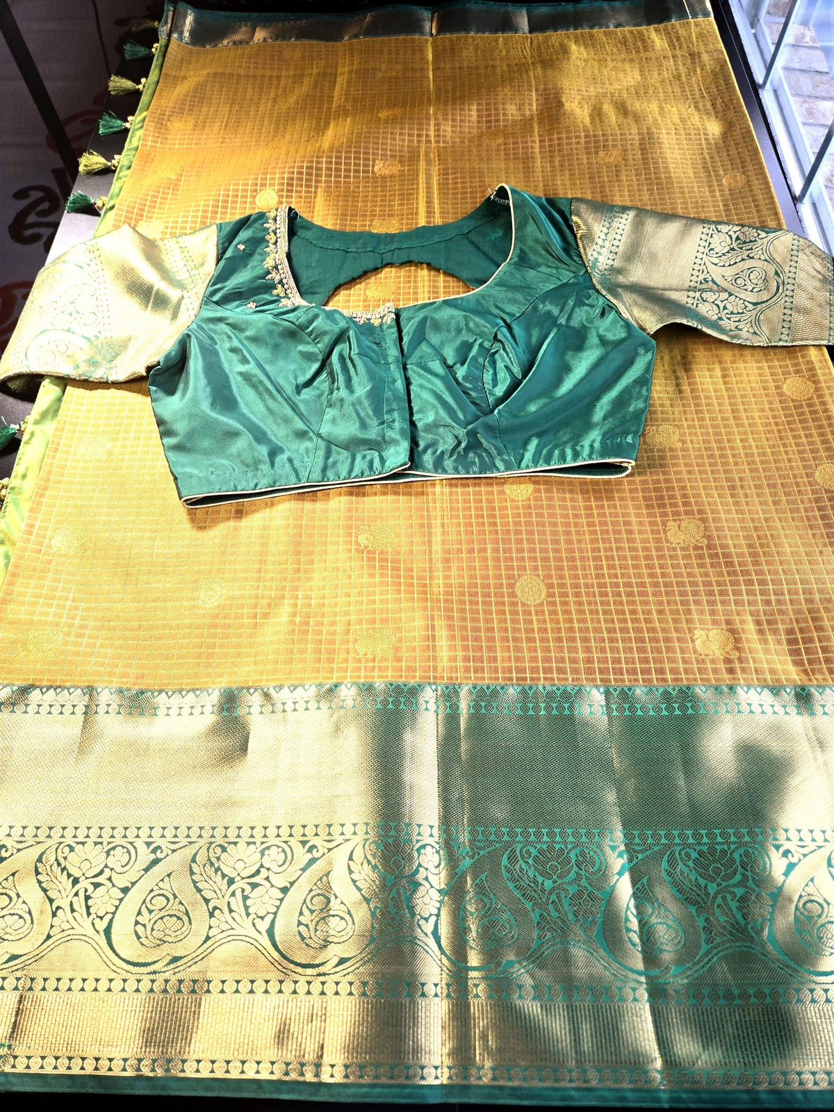 Semi Kanjivaram Silk Saree with Stitched Maggam Work Blouse | Indian Wedding Saree | Ready to Wear Blouse | Ships from USA