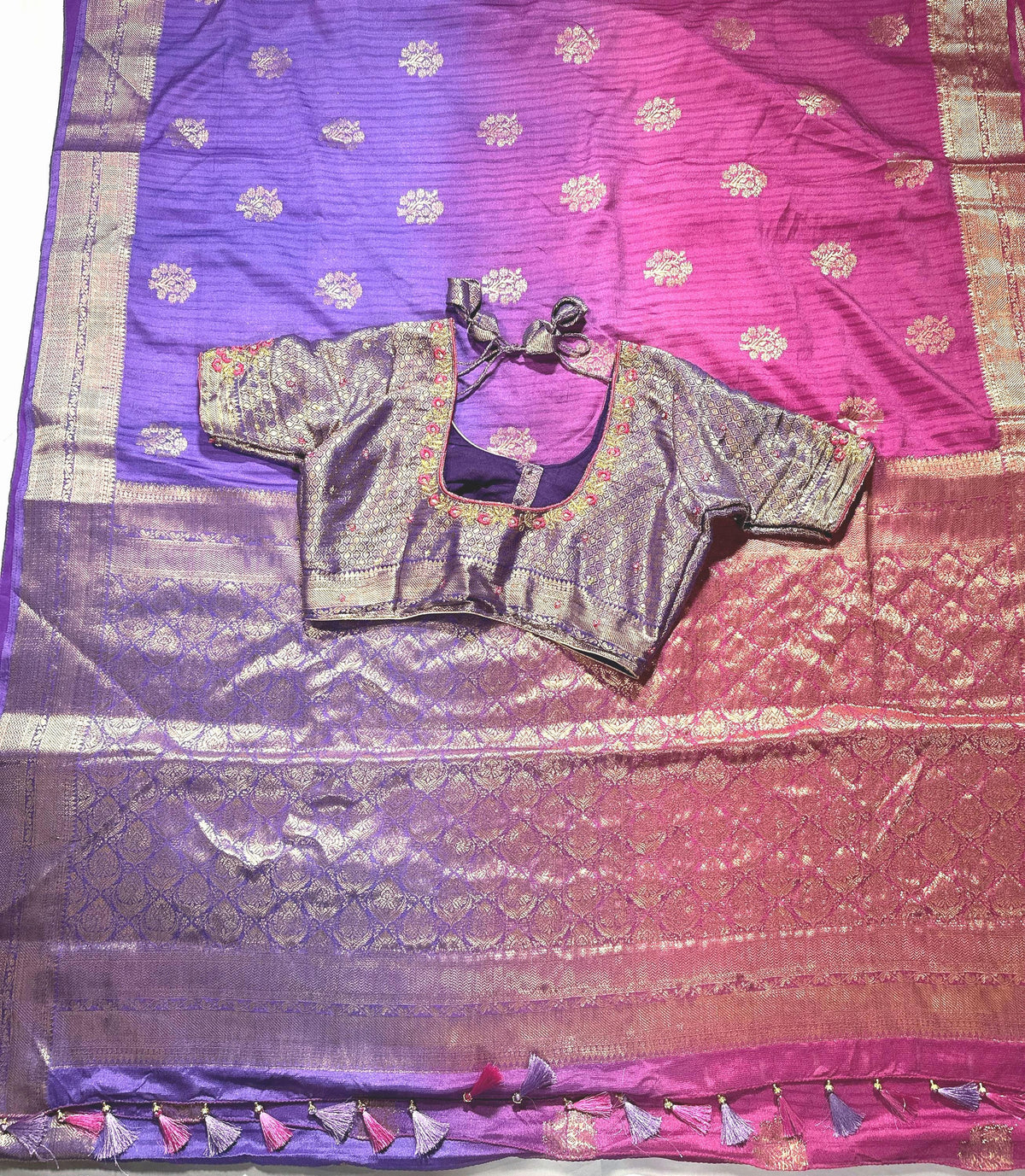 Banarasi Silk Saree with Stitched Blouse | Muga Katan Zari Saree | Indian Wedding Saree