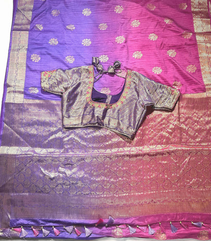 Banarasi Silk Saree with Stitched Blouse | Muga Katan Zari Saree | Indian Wedding Saree
