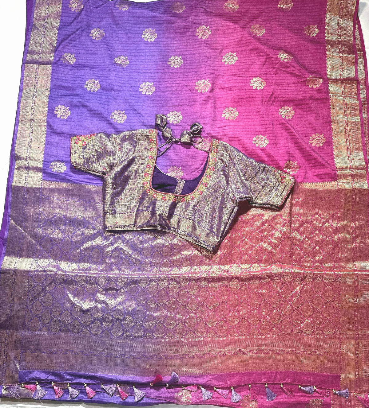 Banarasi Silk Saree with Stitched Blouse | Muga Katan Zari Saree | Indian Wedding Saree