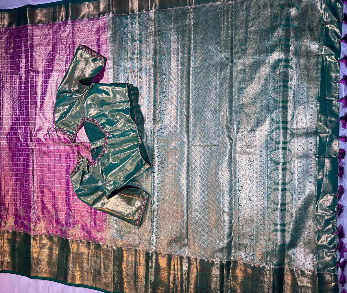 Premium Kanjivaram Brocade Semi Silk Saree with Stitched Maggam Work Blouse Partywear Grand Saree for Wedding receptions.