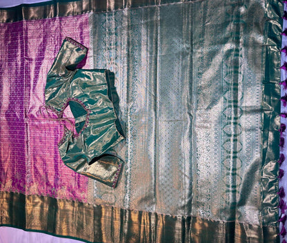 Premium Kanjivaram Brocade Semi Silk Saree with Stitched Maggam Work Blouse Partywear Grand Saree for Wedding receptions.