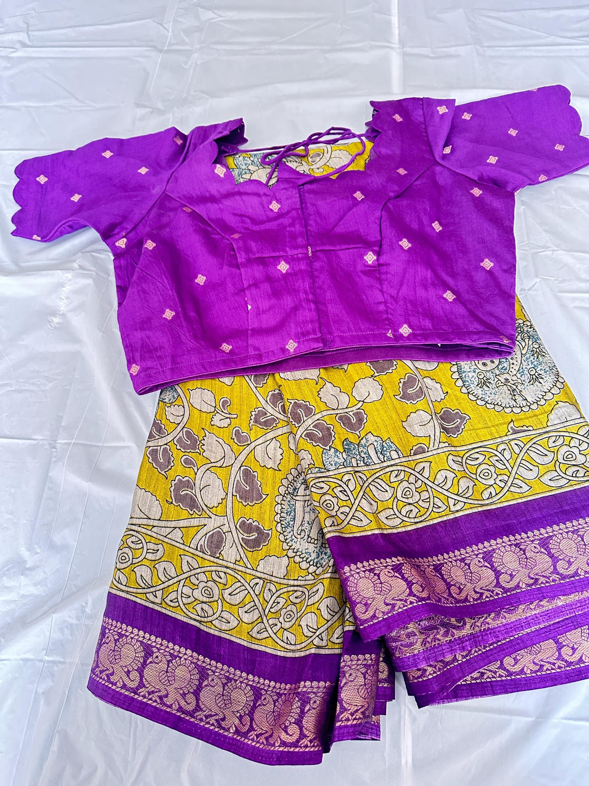 Kalamkari Maheshwari Light Greenish  Semi Silk Saree with Stitched Blouse | Indian Traditional Saree  | Ships from USA