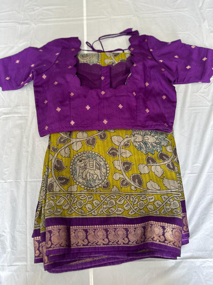 Kalamkari Maheshwari Light Greenish  Semi Silk Saree with Stitched Blouse | Indian Traditional Saree  | Ships from USA