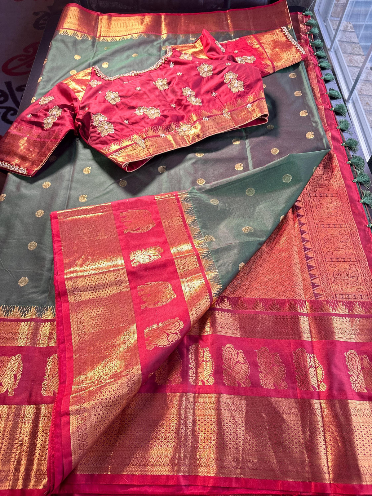 Premium Kanjeevaram Double Border Silk Saree Heavy Maggam Work Stitched Blouse | Traditional Saree Shipping from USA