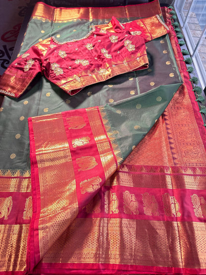 Premium Kanjeevaram Double Border Silk Saree Heavy Maggam Work Stitched Blouse | Traditional Saree Shipping from USA