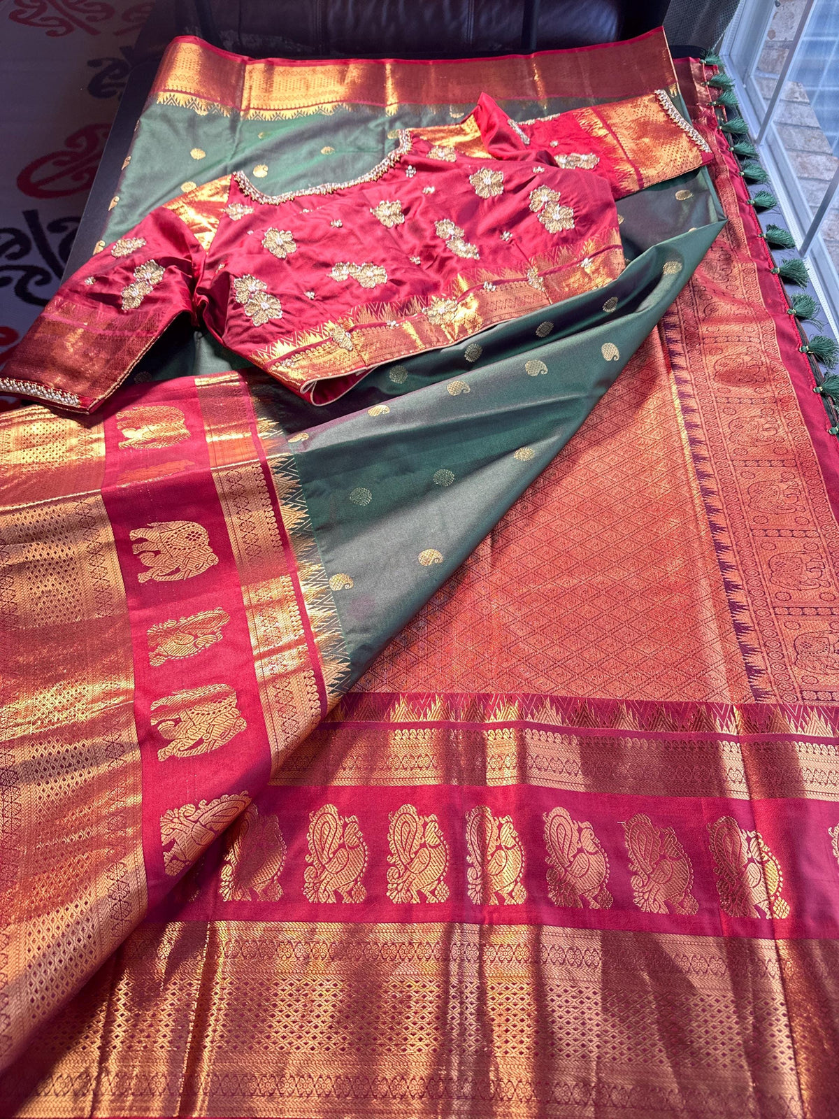 Premium Kanjeevaram Double Border Silk Saree Heavy Maggam Work Stitched Blouse | Traditional Saree Shipping from USA