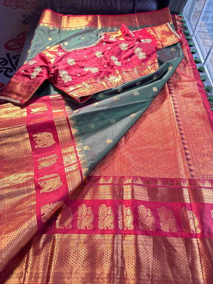Premium Kanjeevaram Double Border Silk Saree Heavy Maggam Work Stitched Blouse | Traditional Saree Shipping from USA