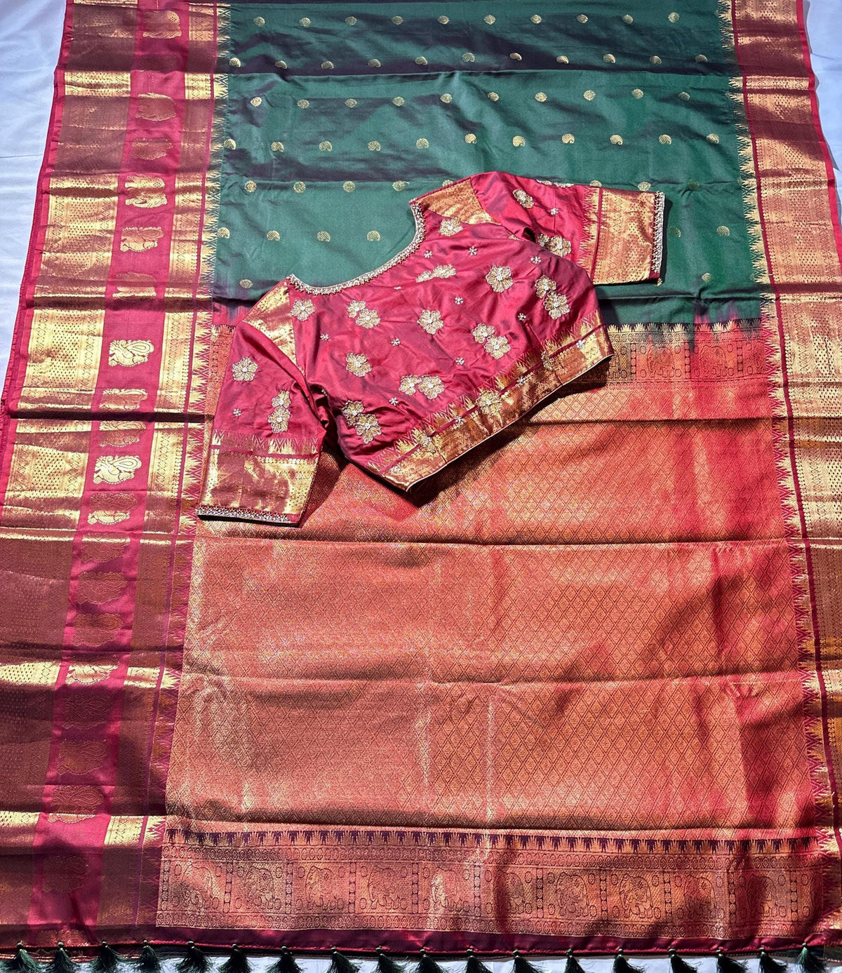 Premium Kanjeevaram Double Border Silk Saree Heavy Maggam Work Stitched Blouse | Traditional Saree Shipping from USA