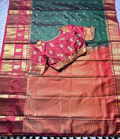 Premium Kanjeevaram Double Border Silk Saree Heavy Maggam Work Stitched Blouse | Traditional Saree Shipping from USA