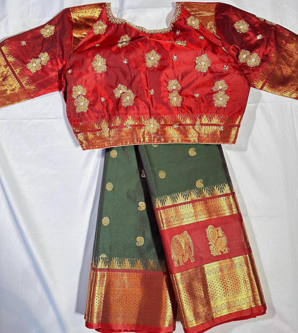 Premium Kanjeevaram Double Border Silk Saree Heavy Maggam Work Stitched Blouse | Traditional Saree Shipping from USA