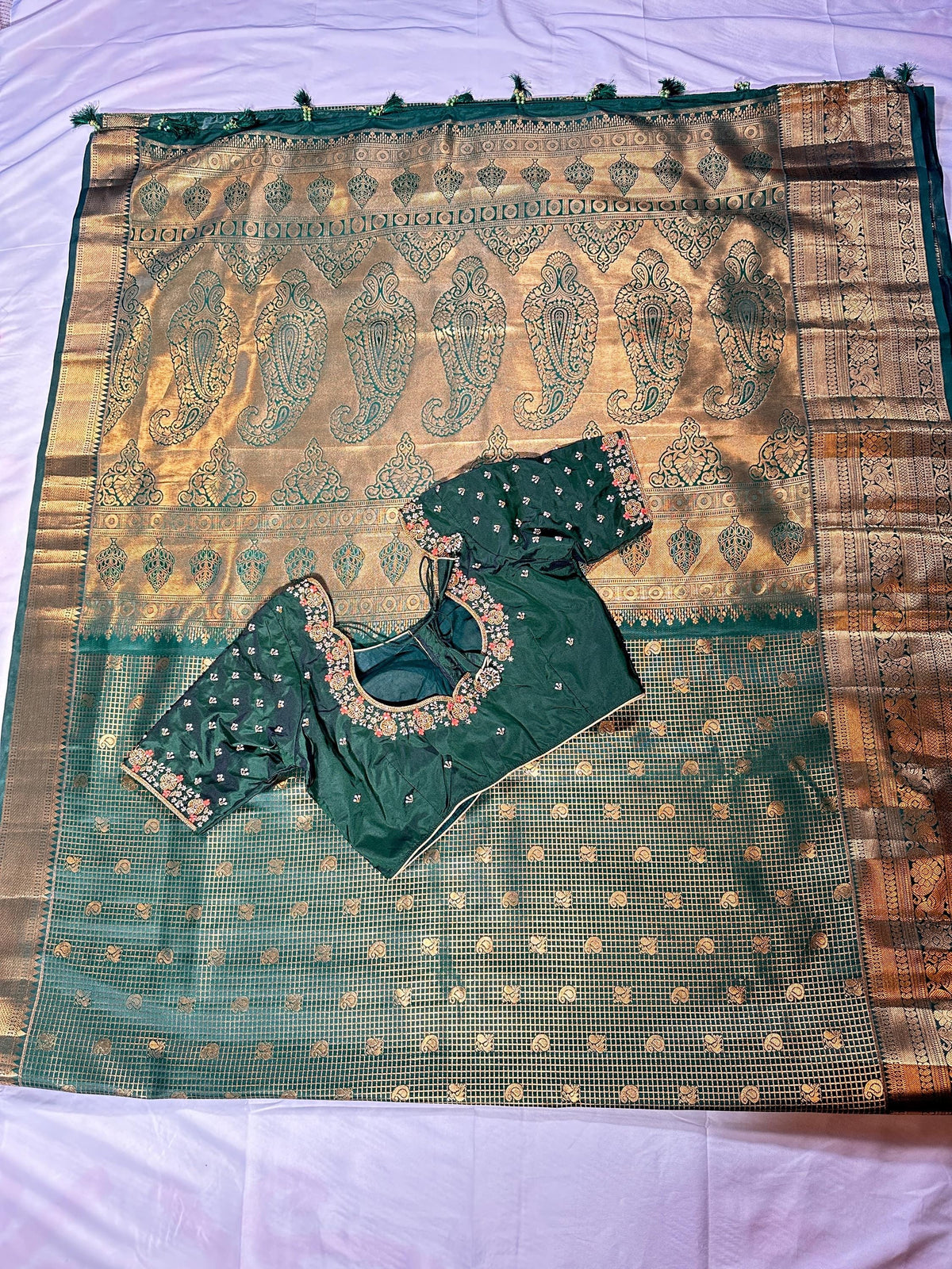 Bottle Green Premium Kanjivaram Silk Saree with Stitched Maggam Blouse | Double Border Indian Wedding Saree | Ships from USA