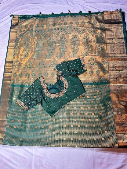 Bottle Green Premium Kanjivaram Silk Saree with Stitched Maggam Blouse | Double Border Indian Wedding Saree | Ships from USA