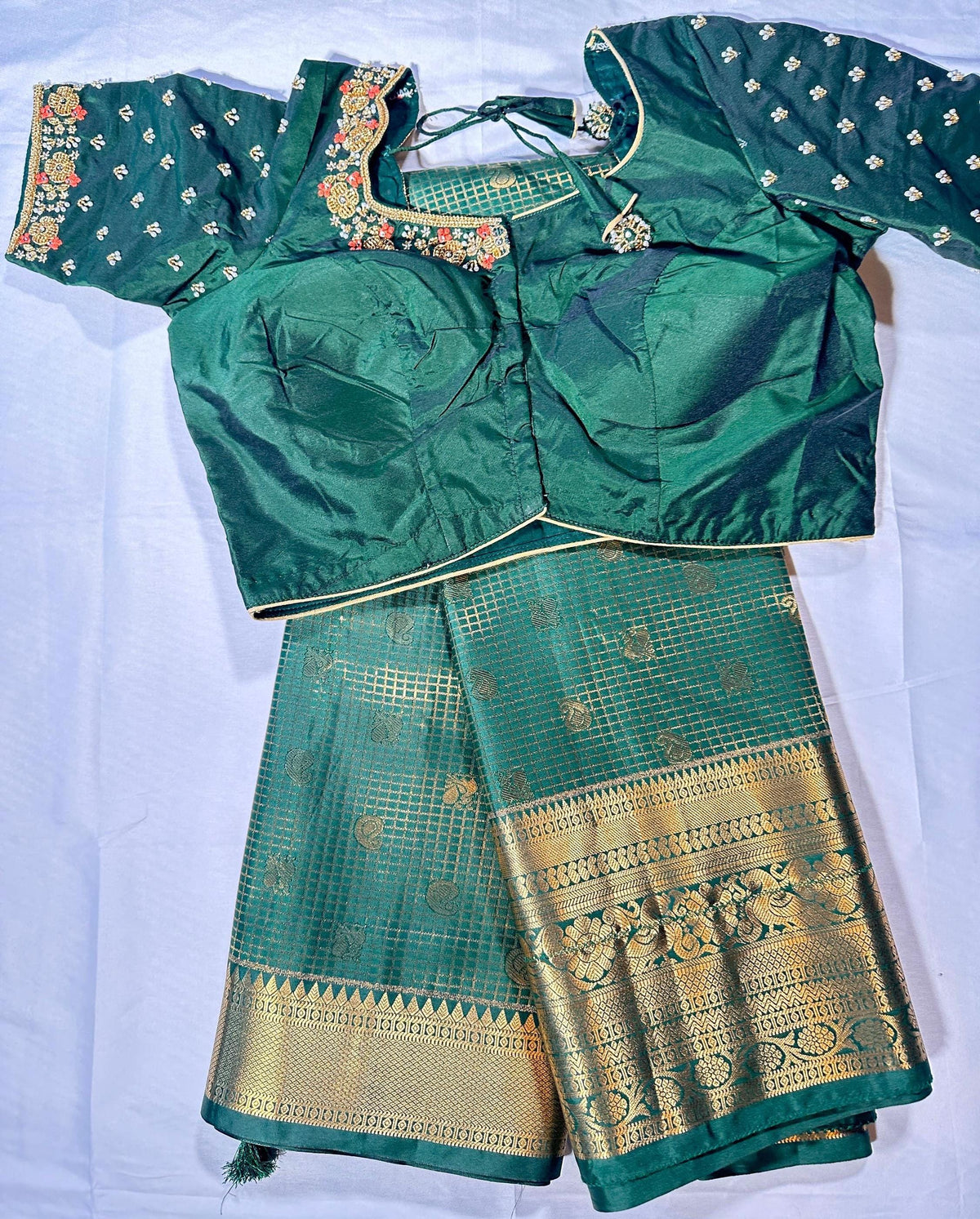 Bottle Green Premium Kanjivaram Silk Saree with Stitched Maggam Blouse | Double Border Indian Wedding Saree | Ships from USA