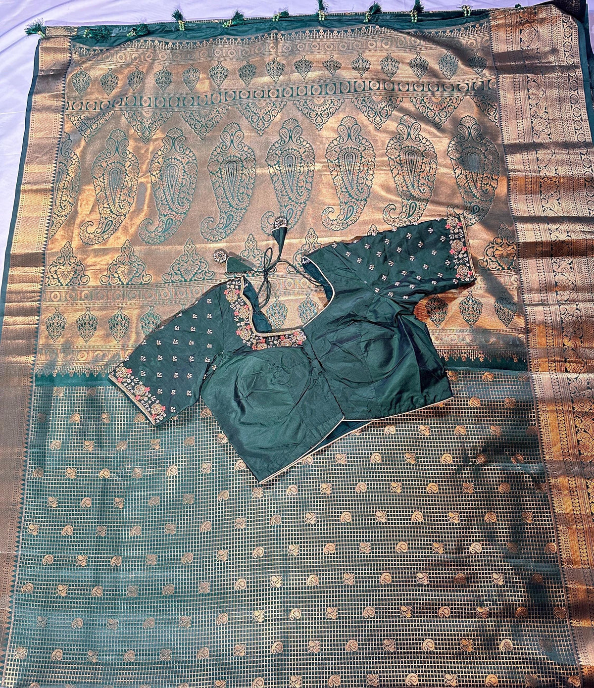 Bottle Green Premium Kanjivaram Silk Saree with Stitched Maggam Blouse | Double Border Indian Wedding Saree | Ships from USA