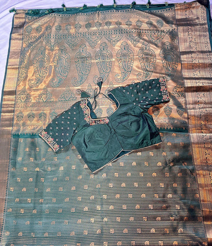 Bottle Green Premium Kanjivaram Silk Saree with Stitched Maggam Blouse | Double Border Indian Wedding Saree | Ships from USA