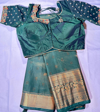 Bottle Green Premium Kanjivaram Silk Saree with Stitched Maggam Blouse | Double Border Indian Wedding Saree | Ships from USA