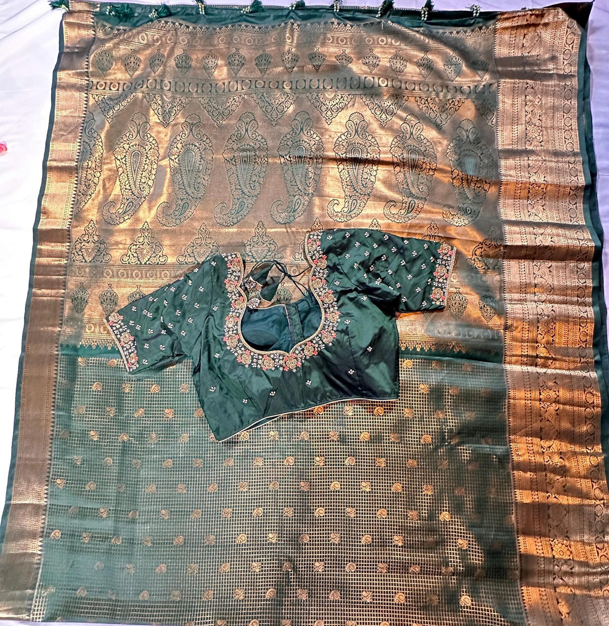 Bottle Green Premium Kanjivaram Silk Saree with Stitched Maggam Blouse | Double Border Indian Wedding Saree | Ships from USA