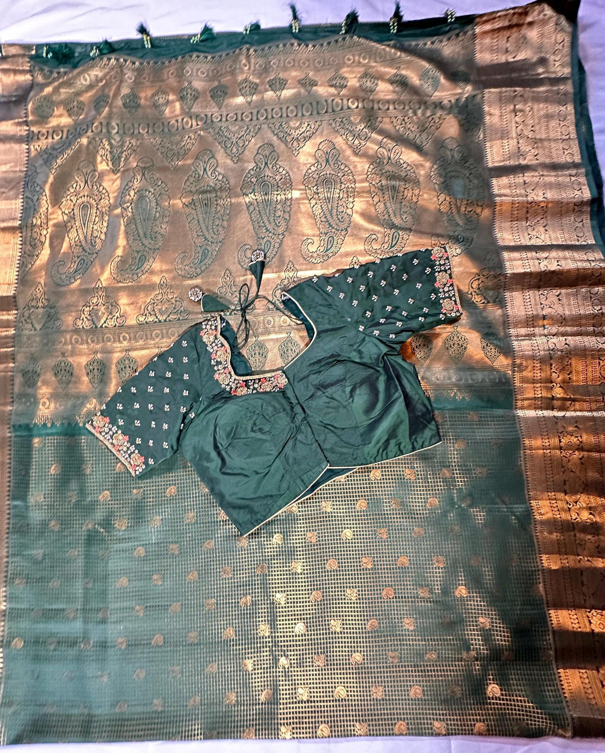Bottle Green Premium Kanjivaram Silk Saree with Stitched Maggam Blouse | Double Border Indian Wedding Saree | Ships from USA