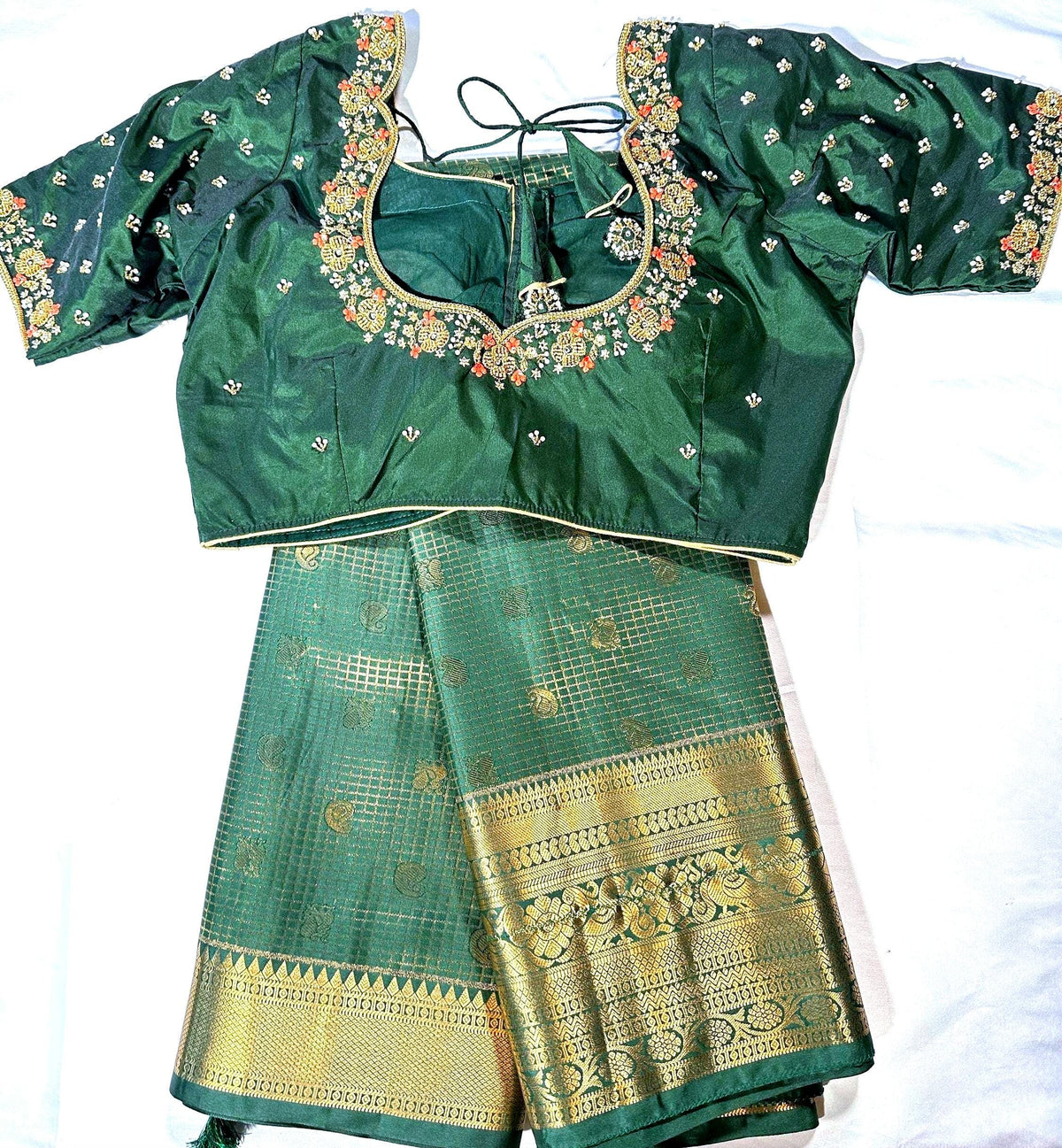 Bottle Green Premium Kanjivaram Silk Saree with Stitched Maggam Blouse | Double Border Indian Wedding Saree | Ships from USA
