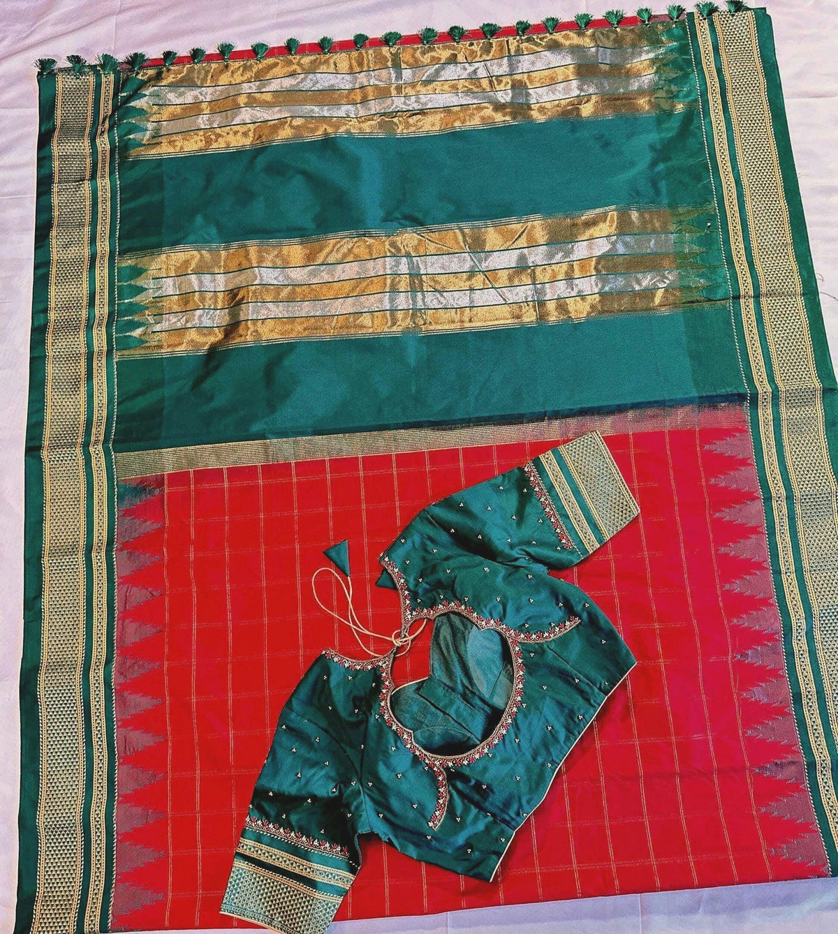 Traditional Ilkal Semi Silk Saree with Rich Tope Pallu, Temple Zari Checks, Chikki Paras Border, Saree with stitched blo