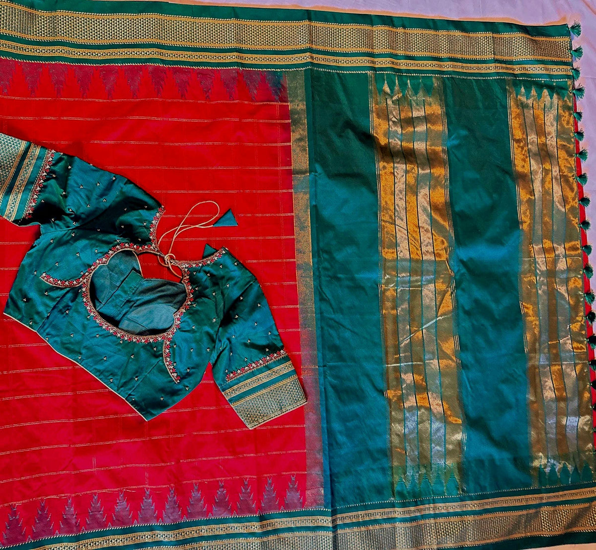 Traditional Ilkal Semi Silk Saree with Rich Tope Pallu, Temple Zari Checks, Chikki Paras Border, Saree with stitched blo
