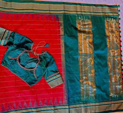 Traditional Ilkal Semi Silk Saree with Rich Tope Pallu, Temple Zari Checks, Chikki Paras Border, Saree with stitched blo