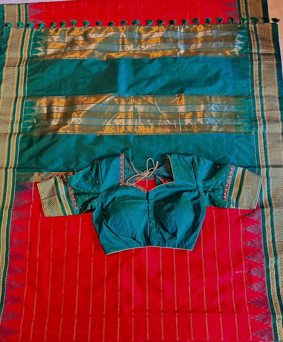 Traditional Ilkal Semi Silk Saree with Rich Tope Pallu, Temple Zari Checks, Chikki Paras Border, Saree with stitched blo