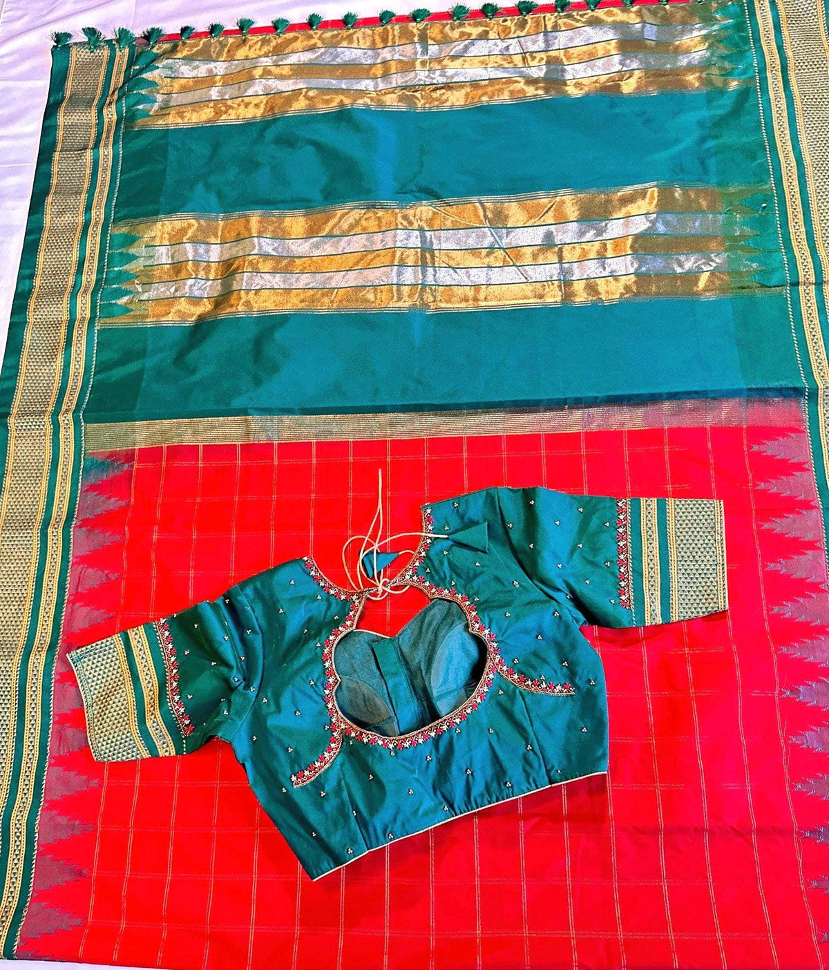 Traditional Ilkal Semi Silk Saree with Rich Tope Pallu, Temple Zari Checks, Chikki Paras Border, Saree with stitched blo