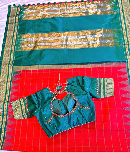 Traditional Ilkal Semi Silk Saree with Rich Tope Pallu, Temple Zari Checks, Chikki Paras Border, Saree with stitched blo
