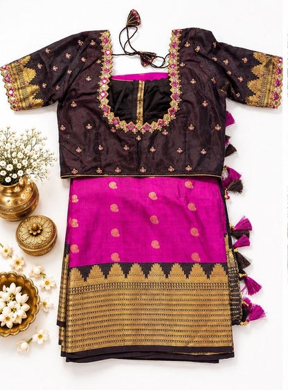 Pure Handloom Kanjivaram Silk Saree with Stitched Maggam Blouse | Pink Zari Wedding Saree | Ships from USA