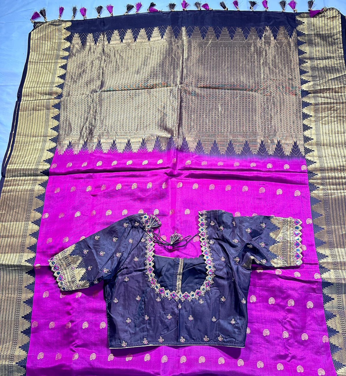 Pure Handloom Kanjivaram Silk Saree with Stitched Maggam Blouse | Pink Zari Wedding Saree | Ships from USA
