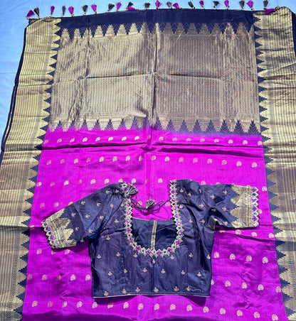 Pure Handloom Kanjivaram Silk Saree with Stitched Maggam Blouse | Pink Zari Wedding Saree | Ships from USA