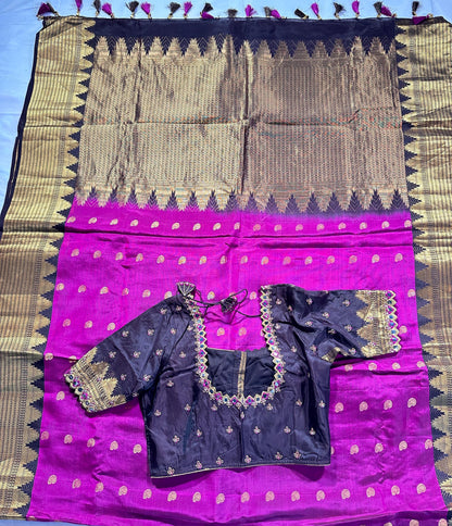 Pure Handloom Kanjivaram Silk Saree with Stitched Maggam Blouse | Pink Zari Wedding Saree | Ships from USA